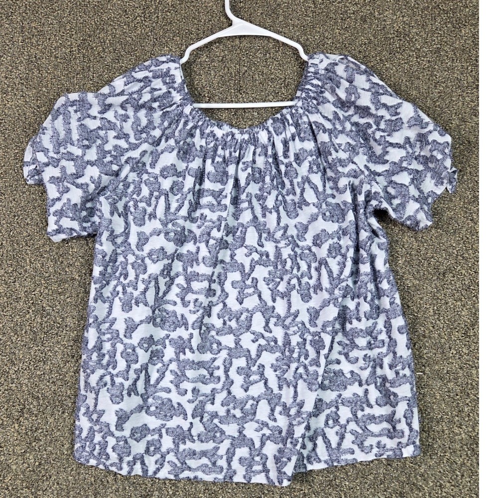 Zac & Rachel Blouse Womens Large‎ Blue White Abstract Tie Sleeve Scoop Neck Top